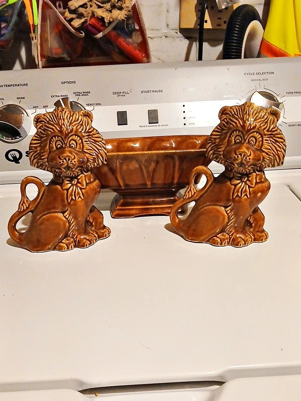 Vintage Brown Glazed Pottery Lion Planter Set